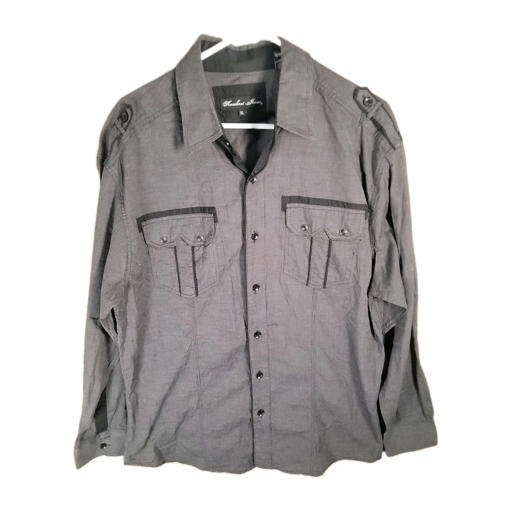 Knockout Jeans Mens XL Gray Button Up Shirt Military Epaulets Pockets Y2K Grunge